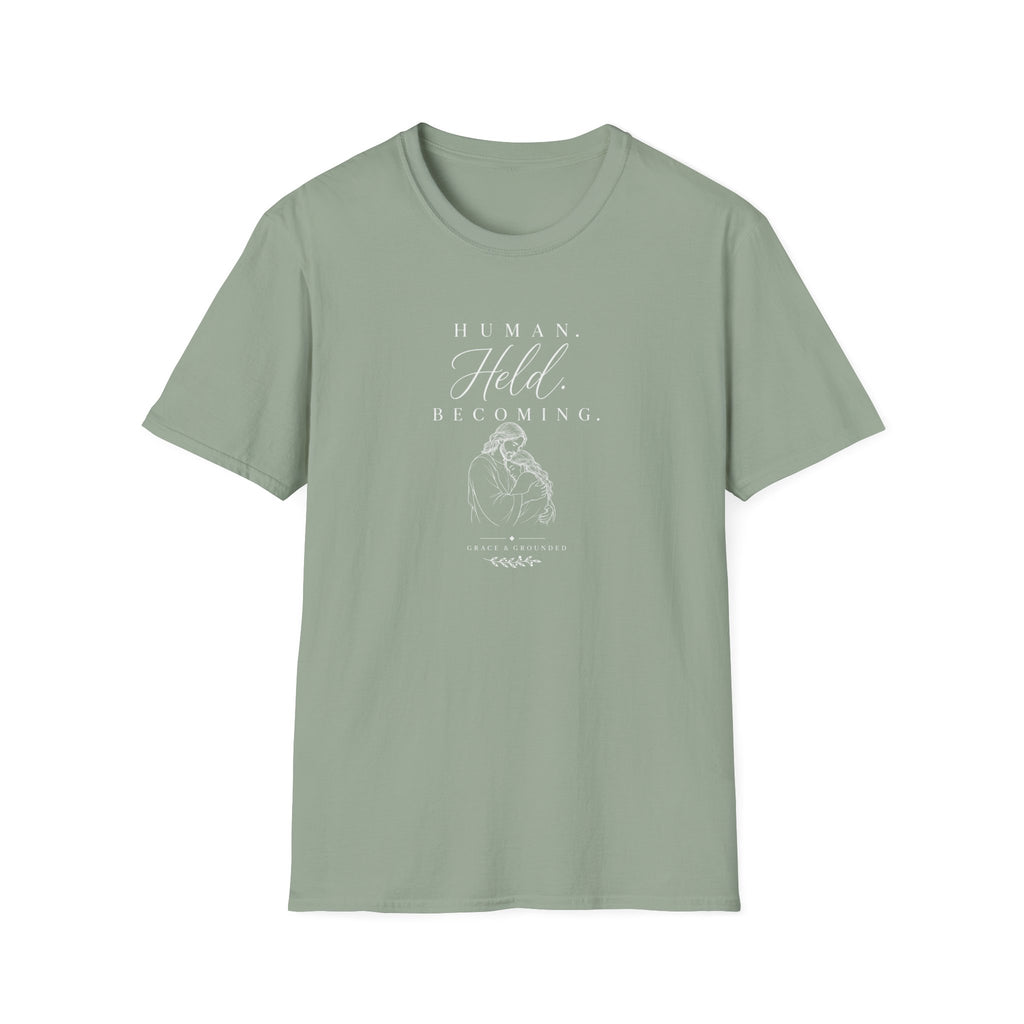 Held by Jesus: White Print T-Shirt